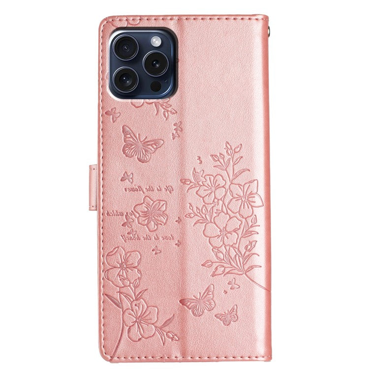For iPhone 16 Pro Stand Case Butterfly Floral Imprint Leather Wallet Phone Cover - Rose Gold