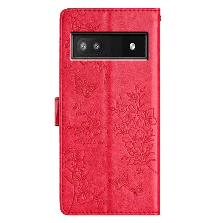 For Google Pixel 8a Wallet Phone Case Butterfly Floral Imprint Stand Leather Cover - Red