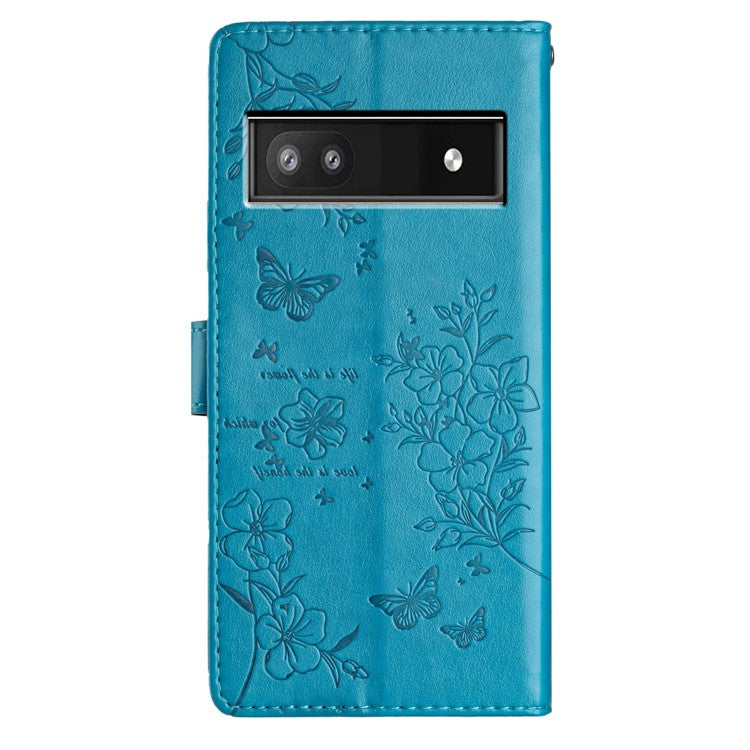 For Google Pixel 8a Wallet Phone Case Butterfly Floral Imprint Stand Leather Cover - Blue
