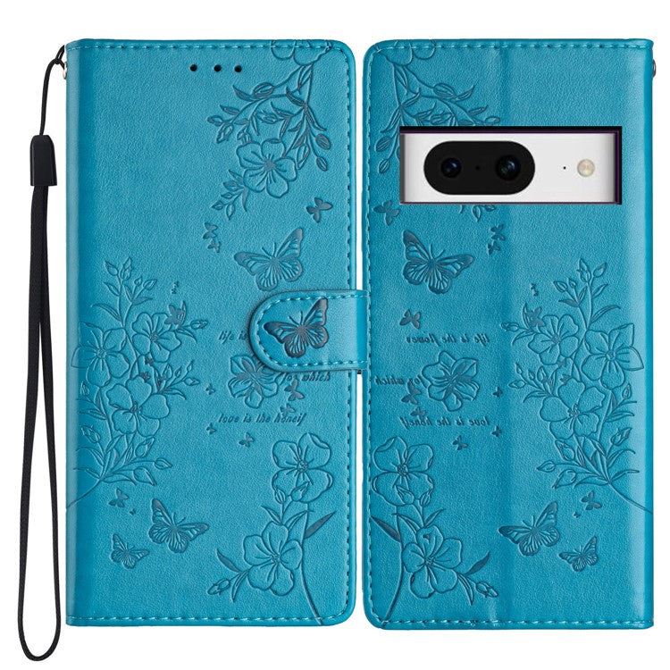 For Google Pixel 8 Protective Case Butterfly Floral Imprint Leather Wallet Phone Cover - Blue