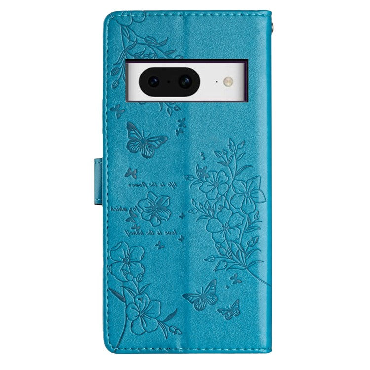For Google Pixel 8 Protective Case Butterfly Floral Imprint Leather Wallet Phone Cover - Blue