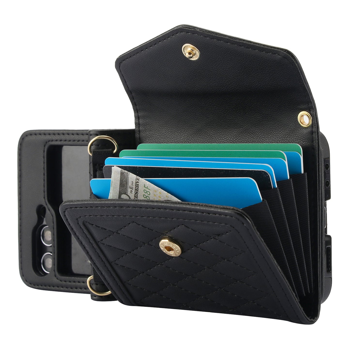 For Samsung Galaxy Z Flip6 5G Case Card Holders PU Leather+PC Phone Cover with Detachable Shoulder Strap - Black