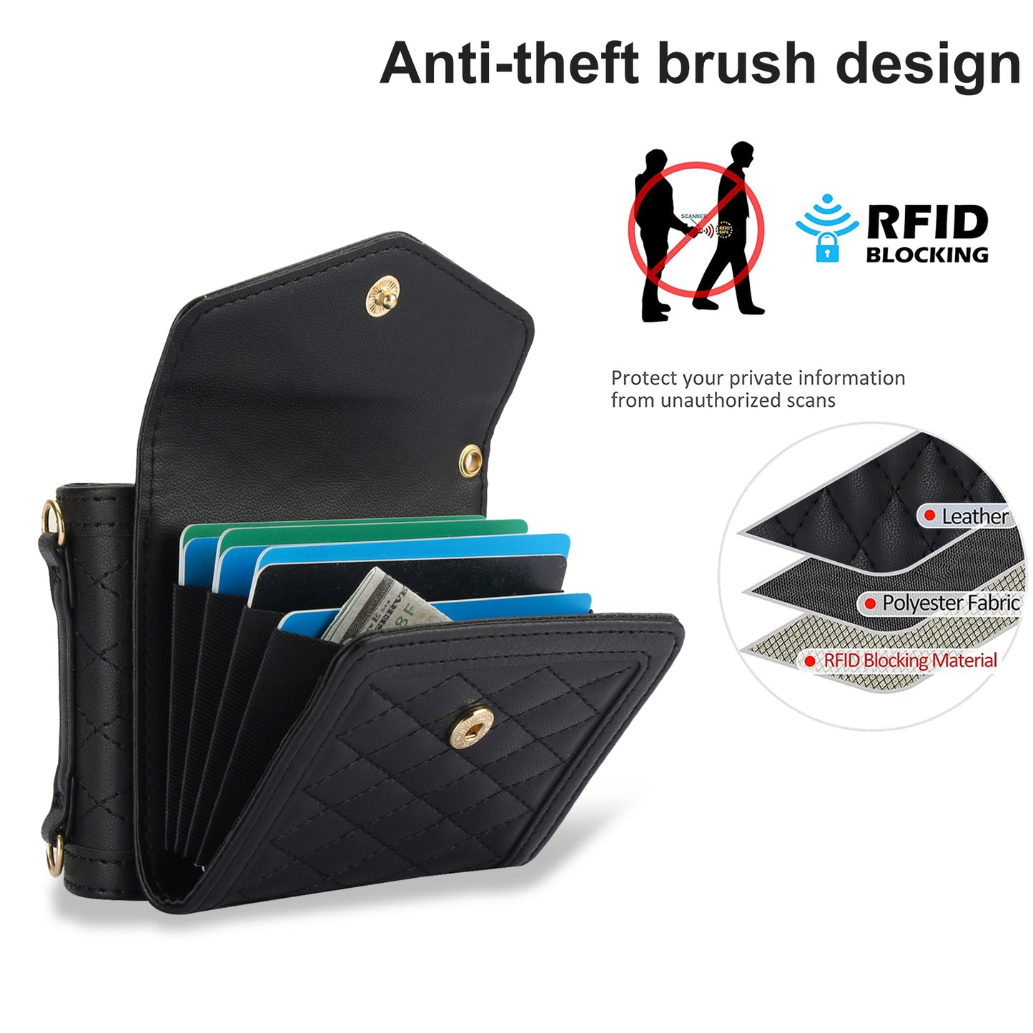 For Samsung Galaxy Z Flip6 5G Case Card Holders PU Leather+PC Phone Cover with Detachable Shoulder Strap - Black