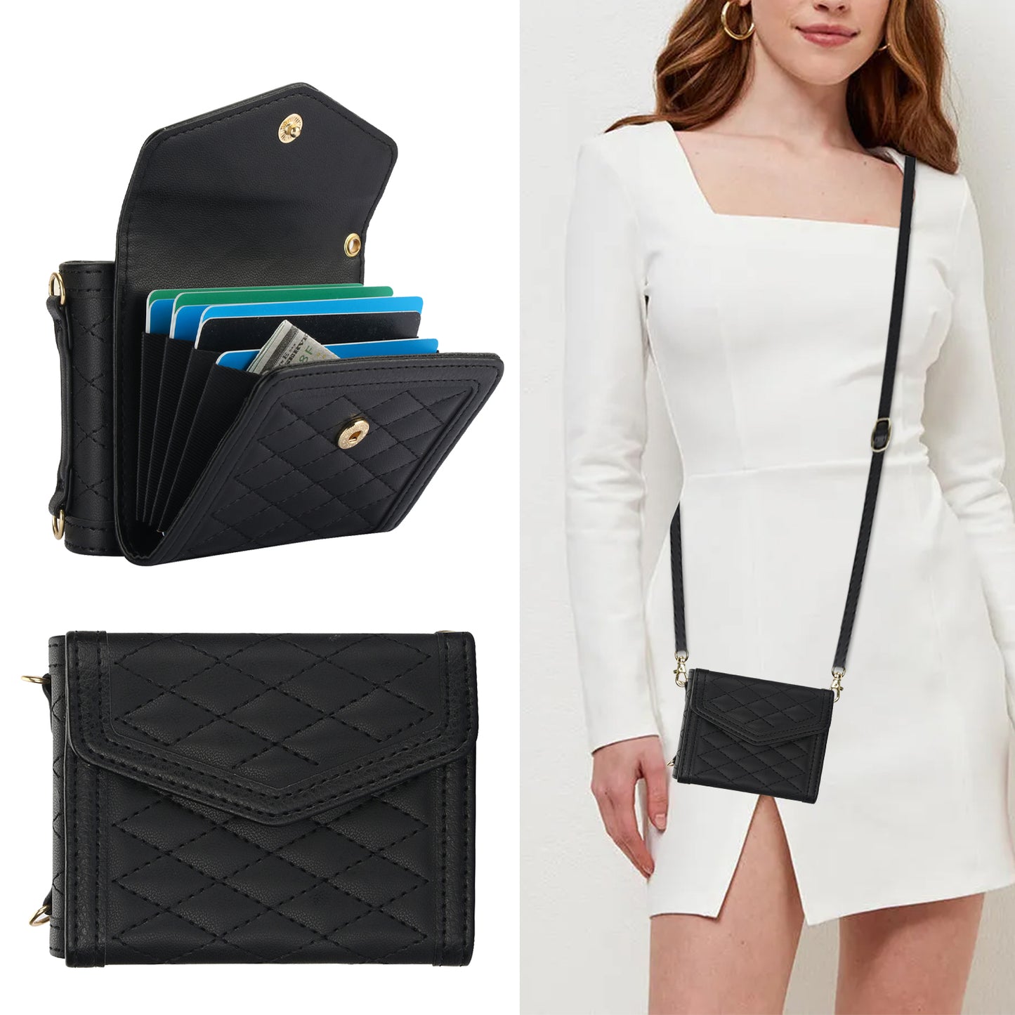 For Samsung Galaxy Z Flip6 5G Case Card Holders PU Leather+PC Phone Cover with Detachable Shoulder Strap - Black