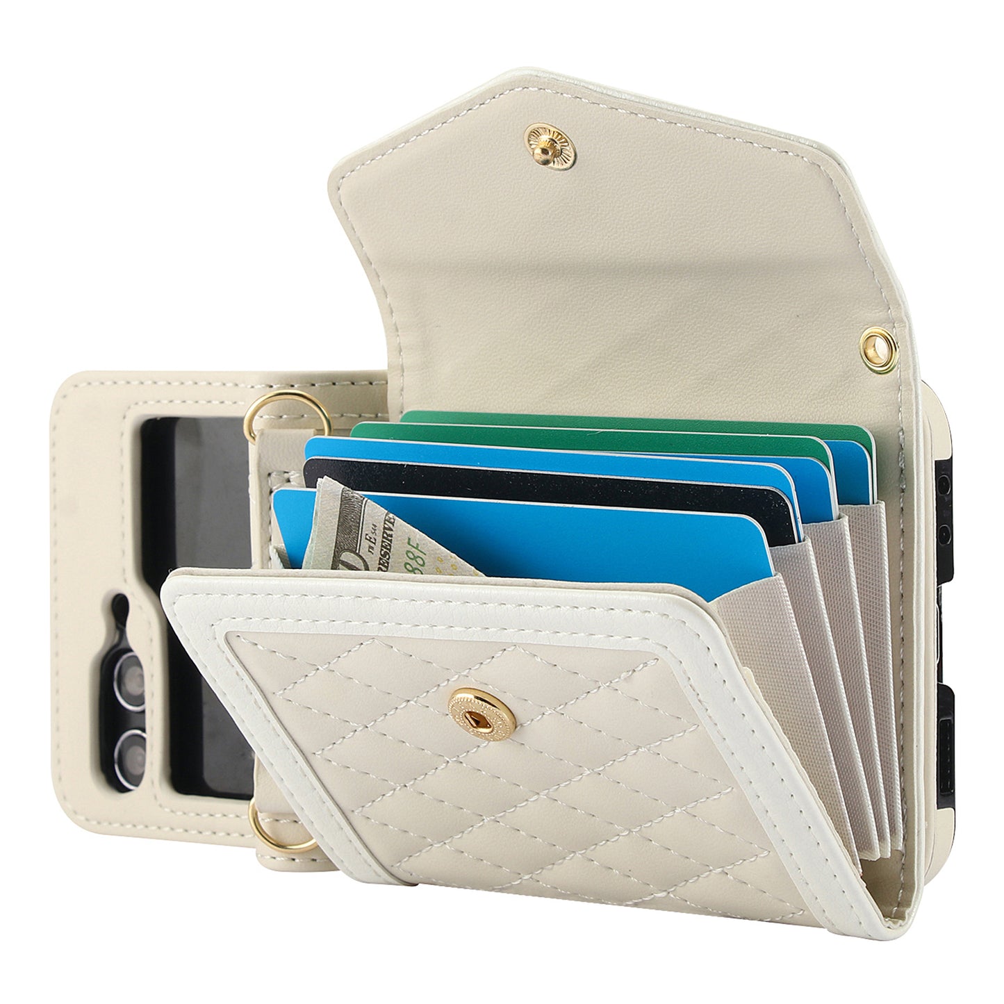 For Samsung Galaxy Z Flip6 5G Case Card Holders PU Leather+PC Phone Cover with Detachable Shoulder Strap - White