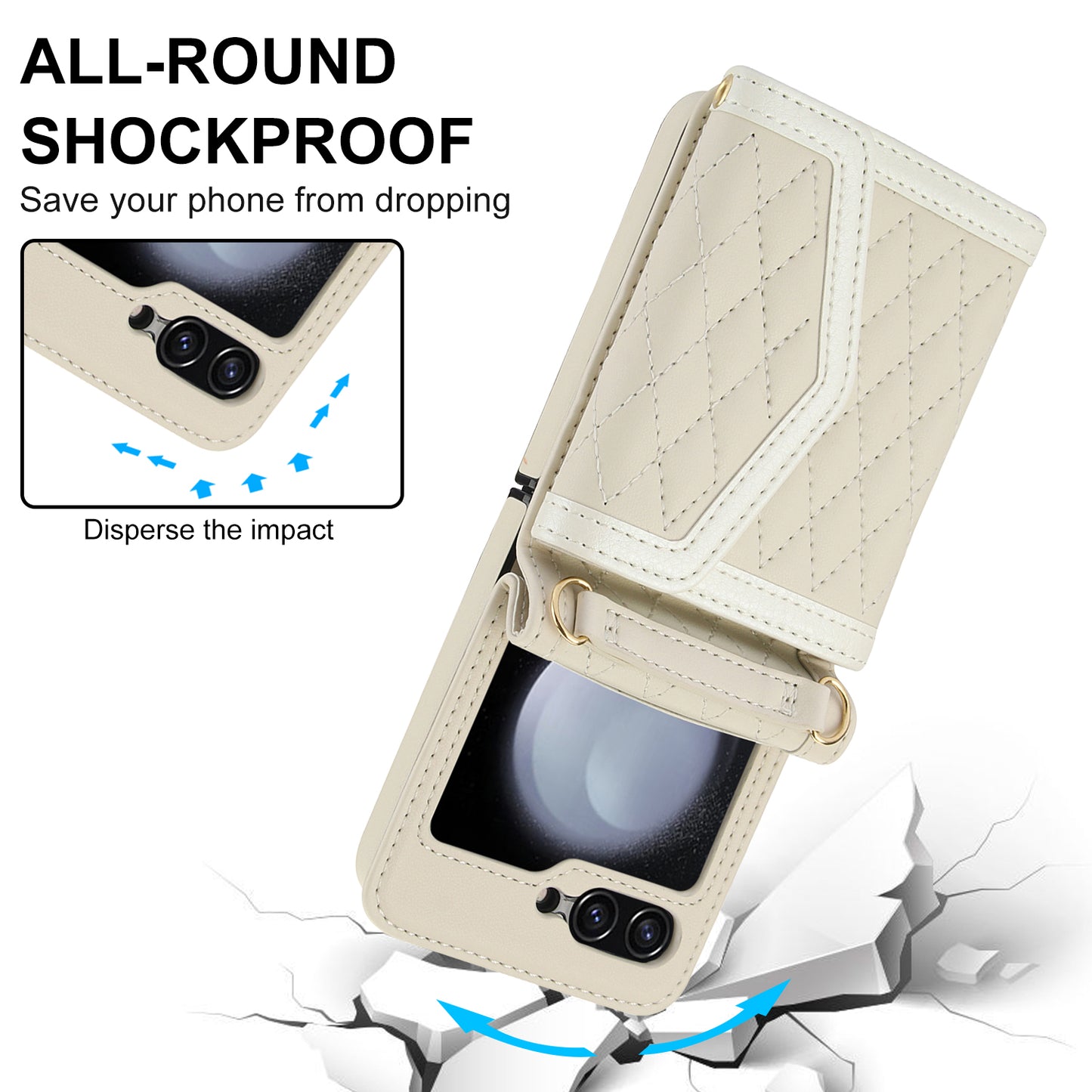 For Samsung Galaxy Z Flip6 5G Case Card Holders PU Leather+PC Phone Cover with Detachable Shoulder Strap - White