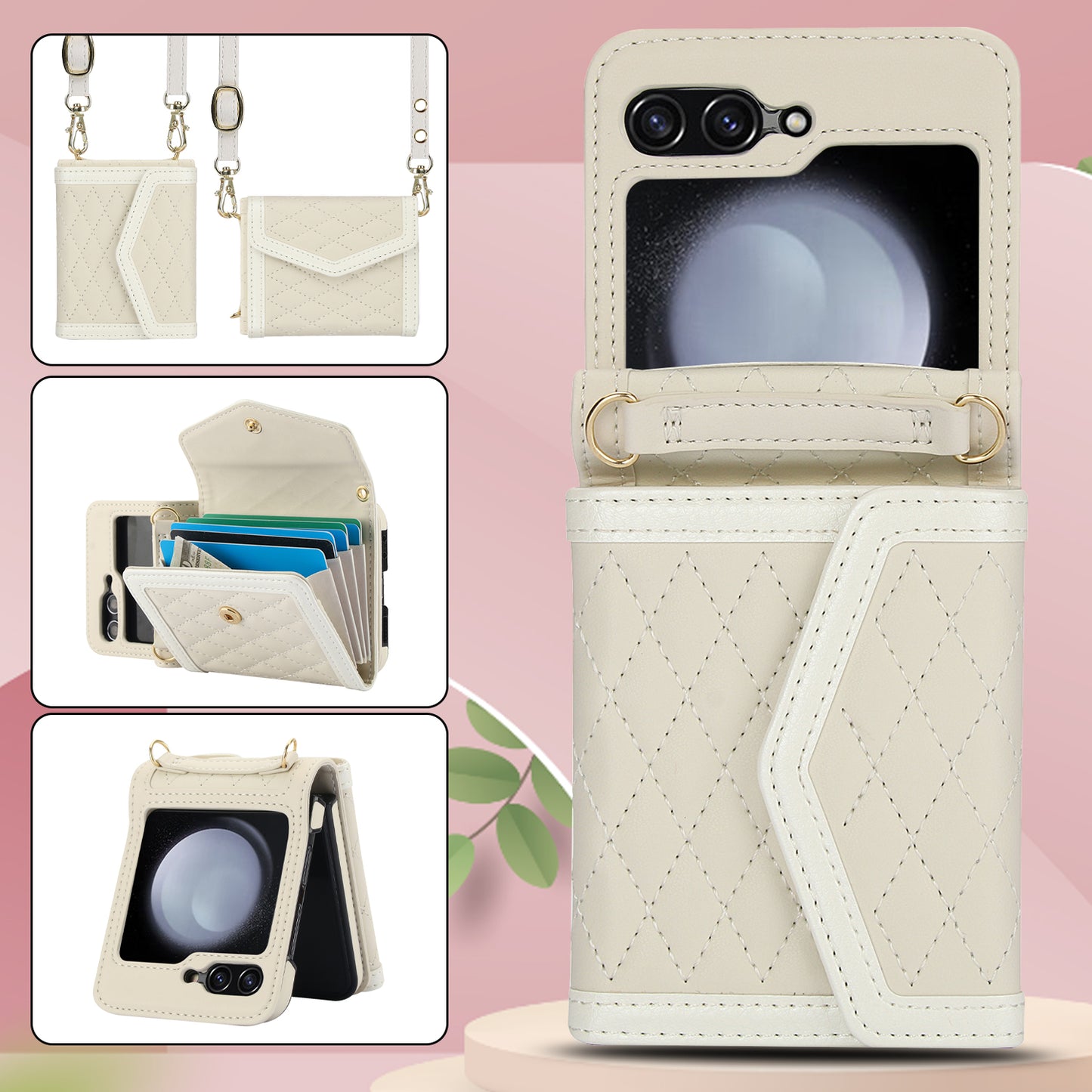 For Samsung Galaxy Z Flip6 5G Case Card Holders PU Leather+PC Phone Cover with Detachable Shoulder Strap - White