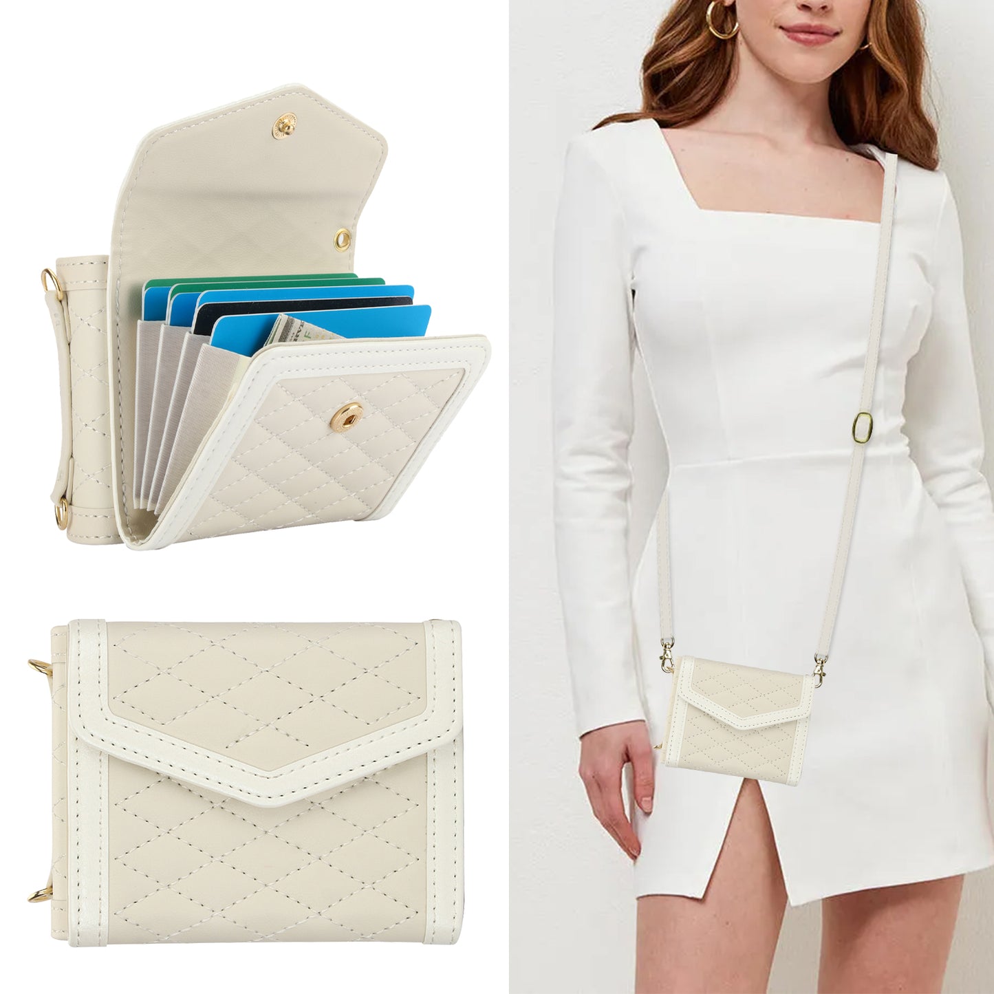 For Samsung Galaxy Z Flip6 5G Case Card Holders PU Leather+PC Phone Cover with Detachable Shoulder Strap - White
