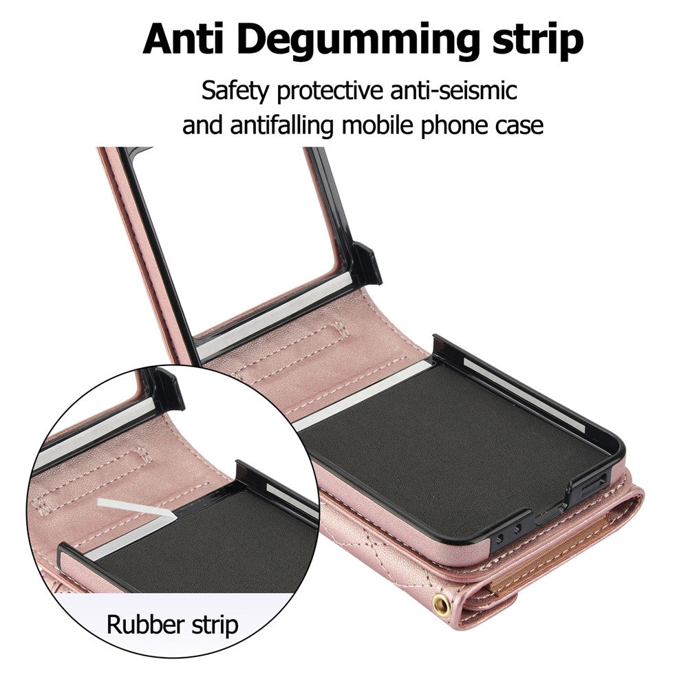 For Samsung Galaxy Z Flip7 FE 5G / Z Flip6 5G Case Card Holders PU Leather+PC Phone Cover with Detachable Shoulder Strap - Rose Gold