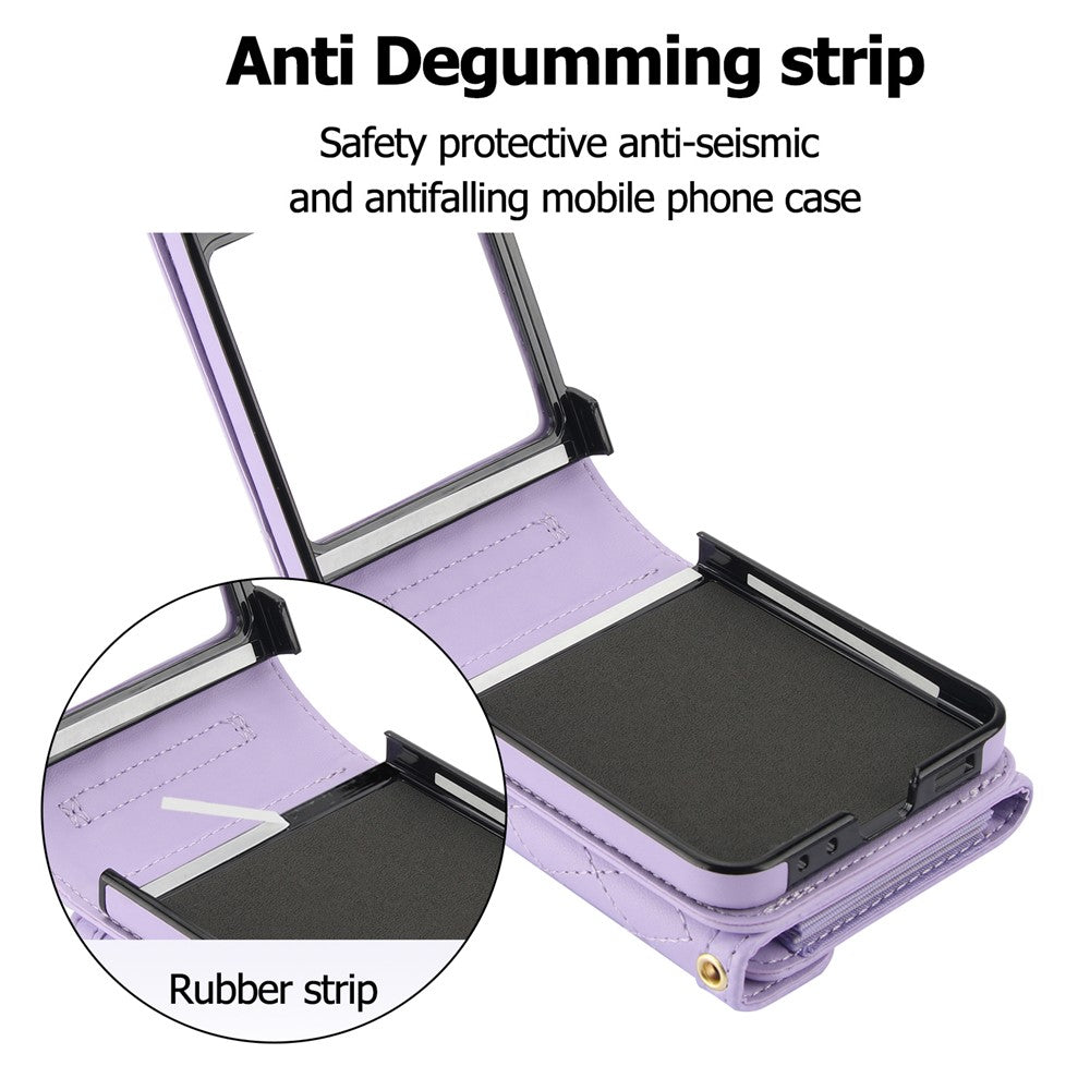For Samsung Galaxy Z Flip7 FE 5G / Z Flip6 5G Case Card Holders PU Leather+PC Phone Cover with Detachable Shoulder Strap - Purple
