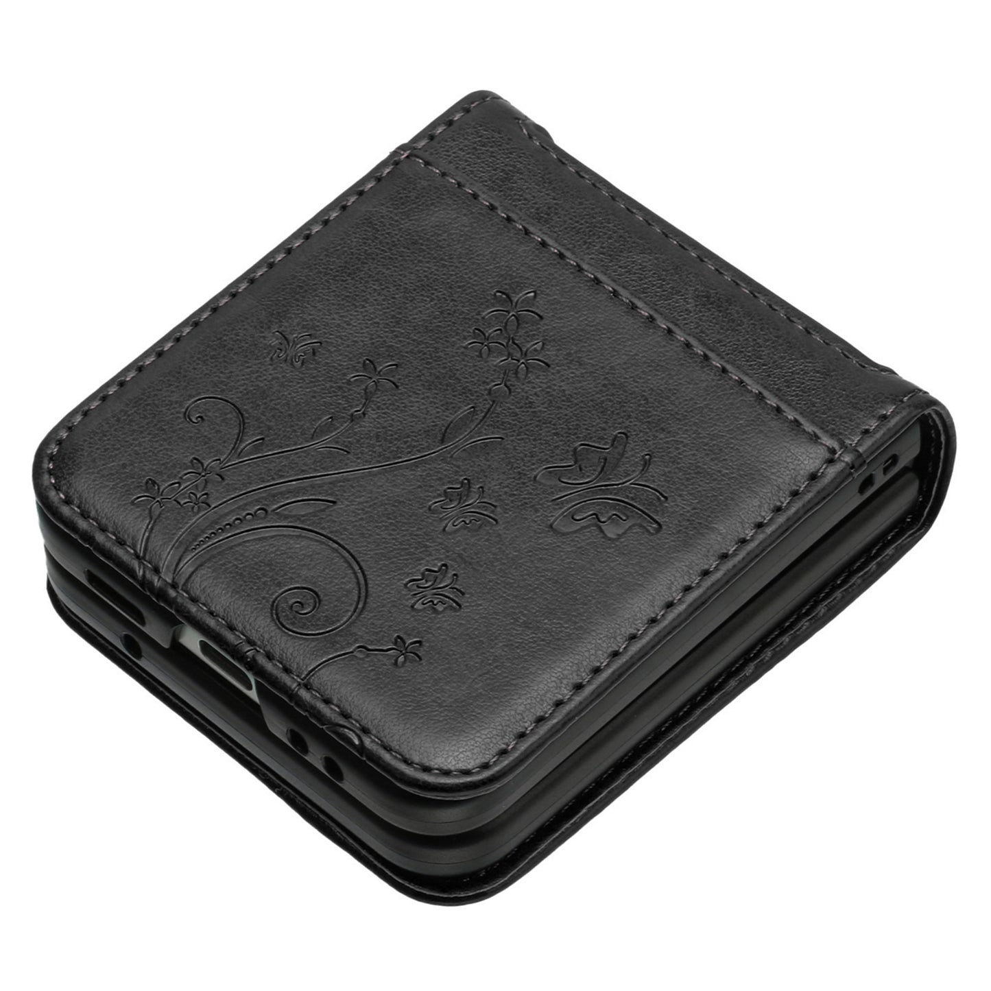 For Samsung Galaxy Z Flip6 5G Case Butterfly Flower Imprinted Leather Phone Cover - Black
