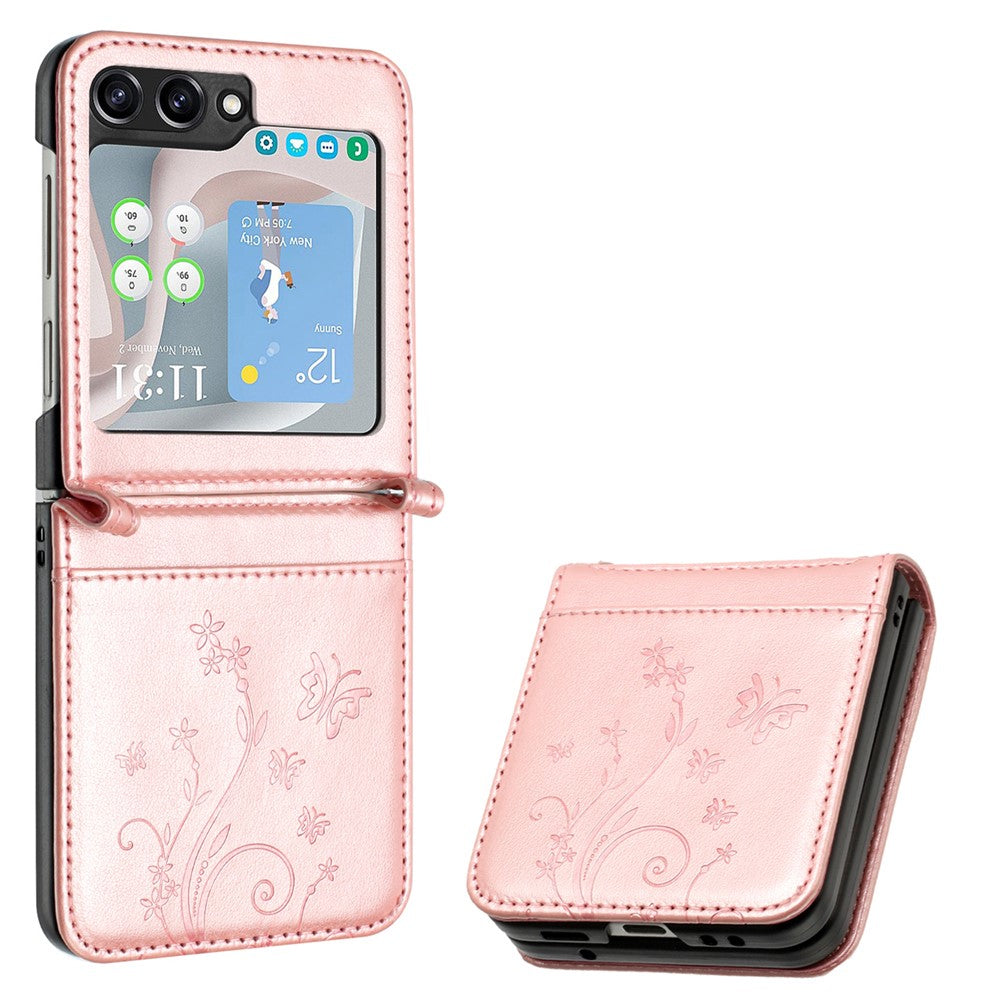 For Samsung Galaxy Z Flip7 FE 5G / Z Flip6 5G Case Butterfly Flower Imprinted Leather Phone Cover - Rose Gold