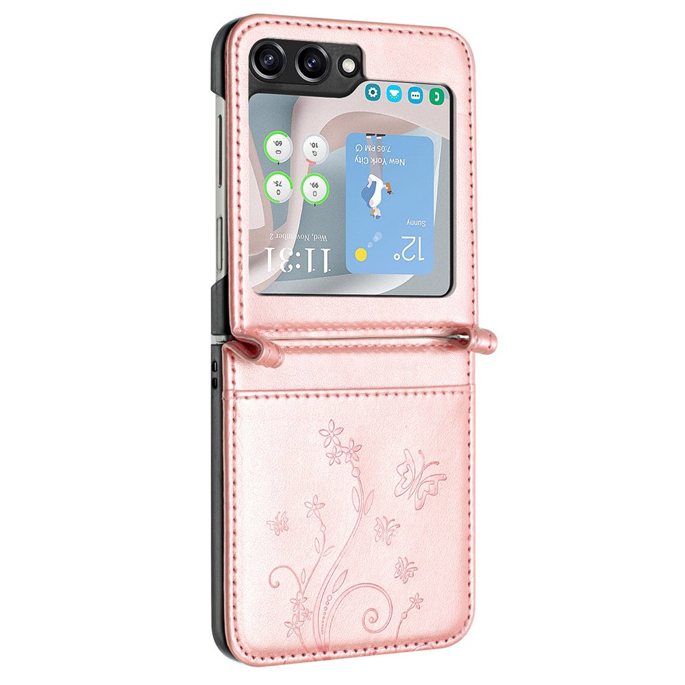 For Samsung Galaxy Z Flip7 FE 5G / Z Flip6 5G Case Butterfly Flower Imprinted Leather Phone Cover - Rose Gold