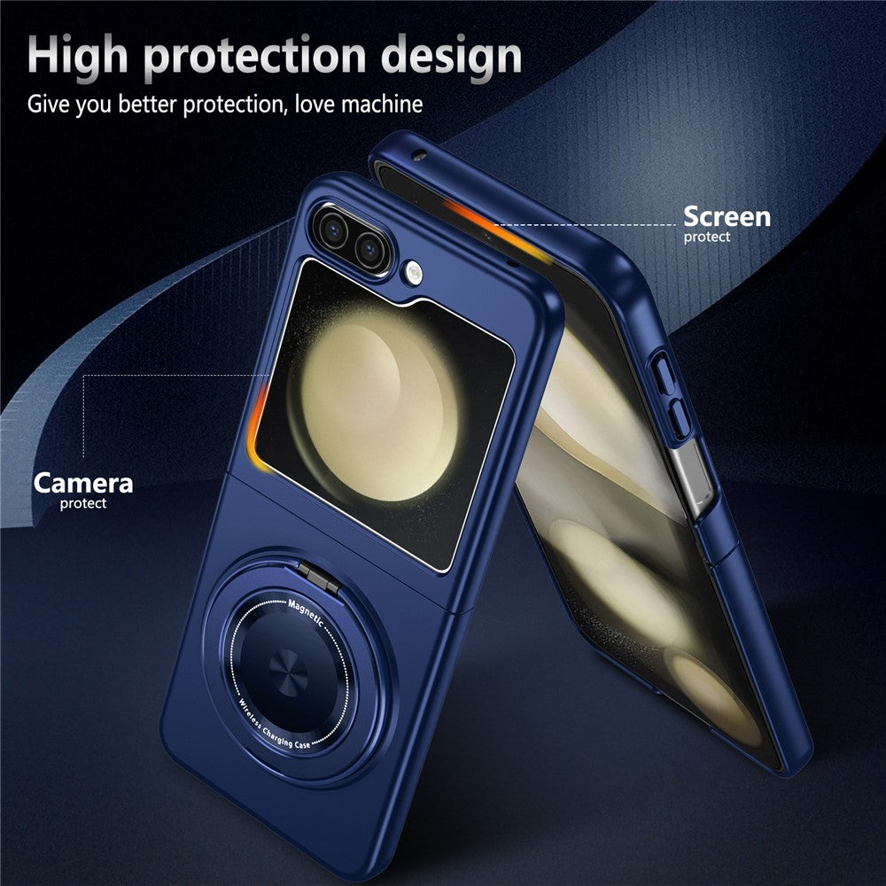 For Samsung Galaxy Z Flip7 FE 5G / Z Flip6 5G Magnetic Case Rotating Kickstand PC Hard Phone Cover - Sapphire