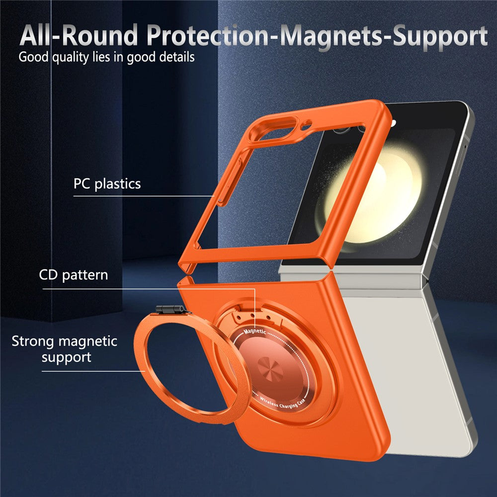 For Samsung Galaxy Z Flip7 FE 5G / Z Flip6 5G Magnetic Case Rotating Kickstand PC Hard Phone Cover - Orange