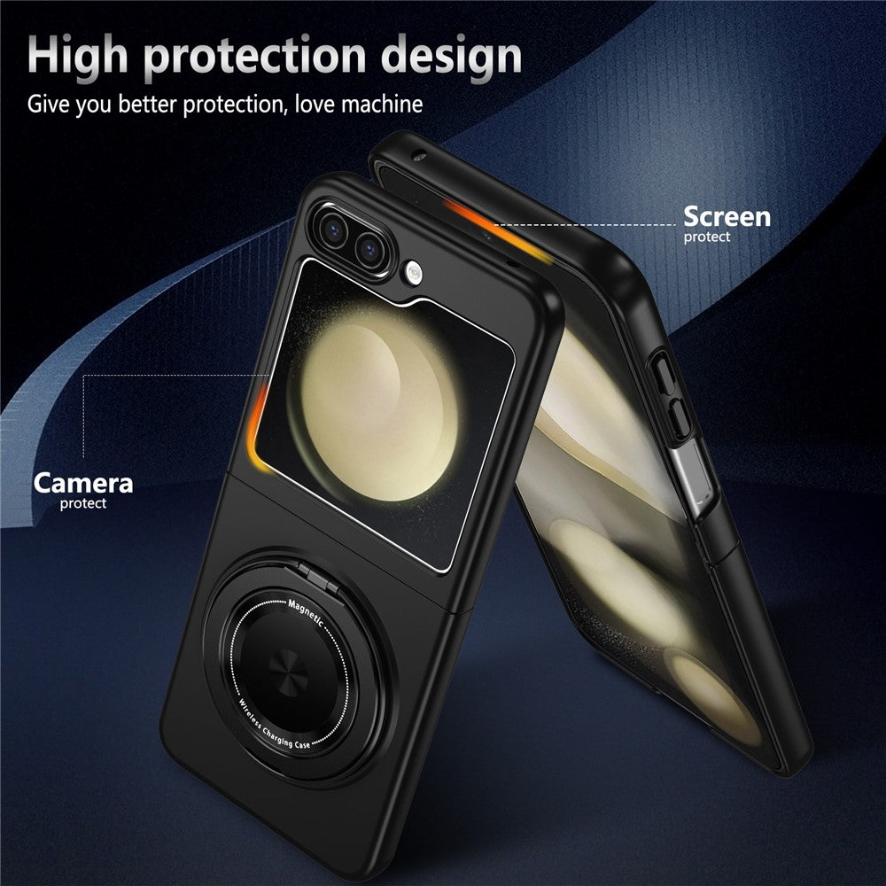 For Samsung Galaxy Z Flip7 FE 5G / Z Flip6 5G Magnetic Case Rotating Kickstand PC Hard Phone Cover - Black