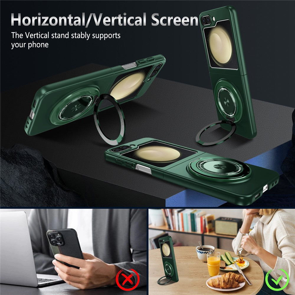 For Samsung Galaxy Z Flip7 FE 5G / Z Flip6 5G Magnetic Case Rotating Kickstand PC Hard Phone Cover - Blackish Green
