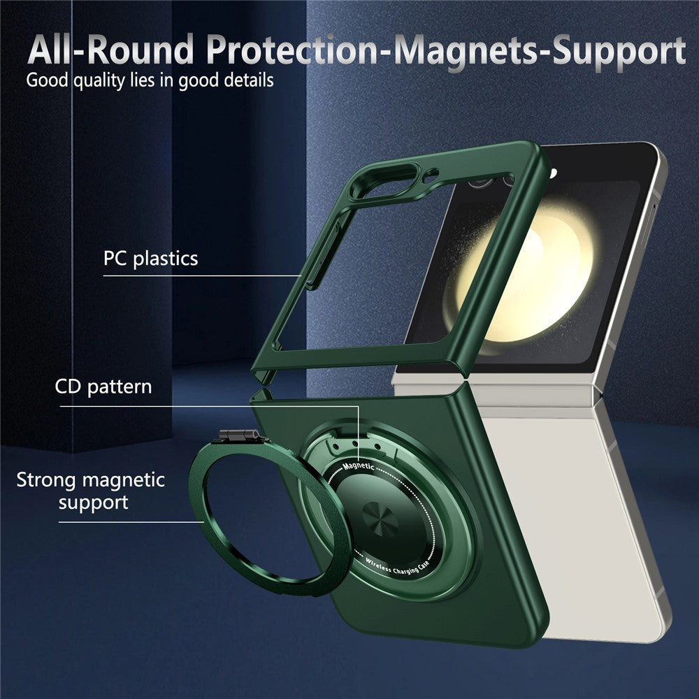 For Samsung Galaxy Z Flip7 FE 5G / Z Flip6 5G Magnetic Case Rotating Kickstand PC Hard Phone Cover - Blackish Green