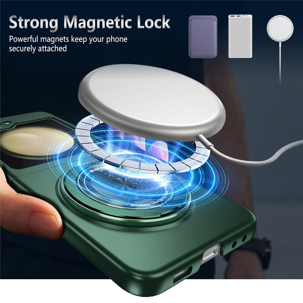 For Samsung Galaxy Z Flip7 FE 5G / Z Flip6 5G Magnetic Case Rotating Kickstand PC Hard Phone Cover - Blackish Green
