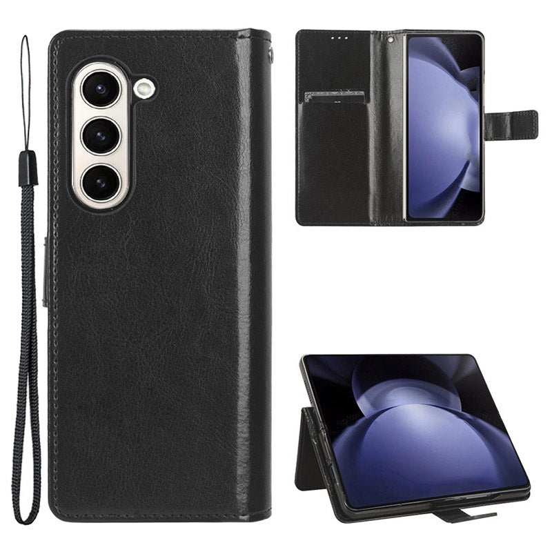 For Samsung Galaxy Z Fold6 5G Case Crazy Horse Texture Leather Folding Phone Cover - Black