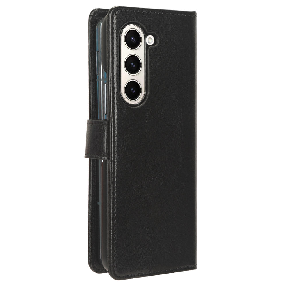 For Samsung Galaxy Z Fold6 5G Case Crazy Horse Texture Leather Folding Phone Cover - Black