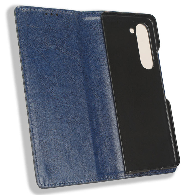 For Samsung Galaxy Z Fold6 5G Case PU Leather Retro Phone Stand Cover - Blue