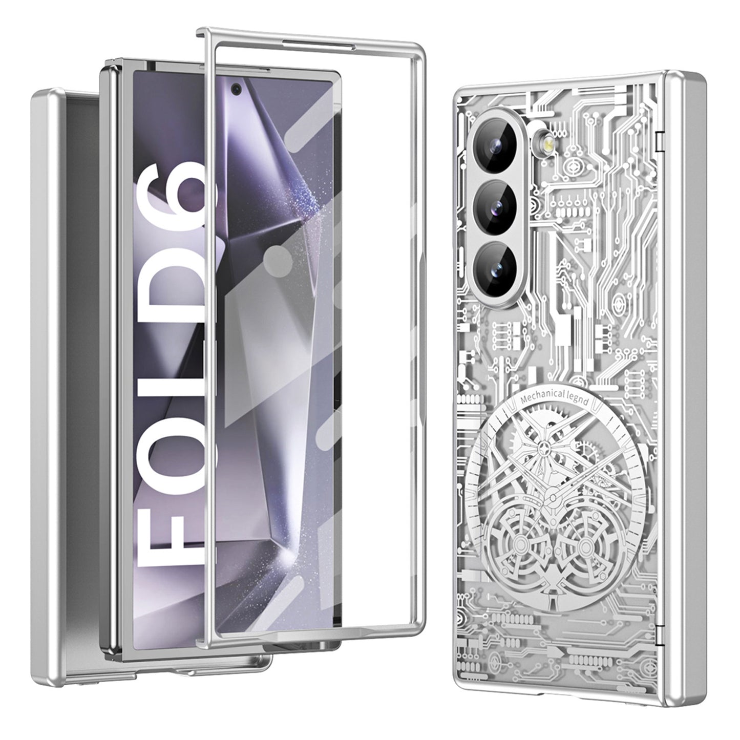 Mechanical Legend Series For Samsung Galaxy Z Fold6 5G Case Electroplated PC Phone Cover with Screen Film - Silver