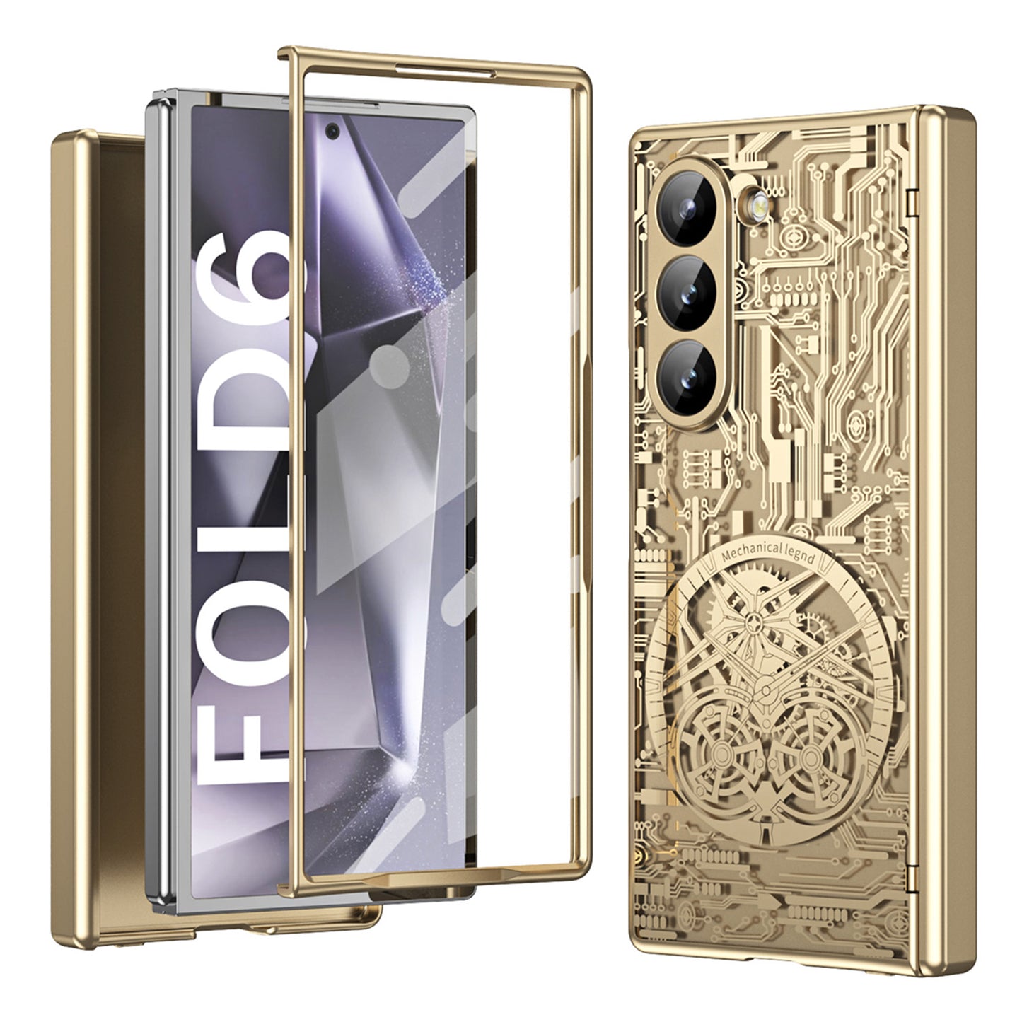 Mechanical Legend Series For Samsung Galaxy Z Fold6 5G Case Electroplated PC Phone Cover with Screen Film - Champagne Gold