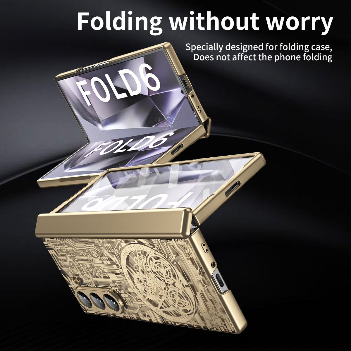 Mechanical Legend Series For Samsung Galaxy Z Fold6 5G Case Electroplated PC Phone Cover with Screen Film - Champagne Gold