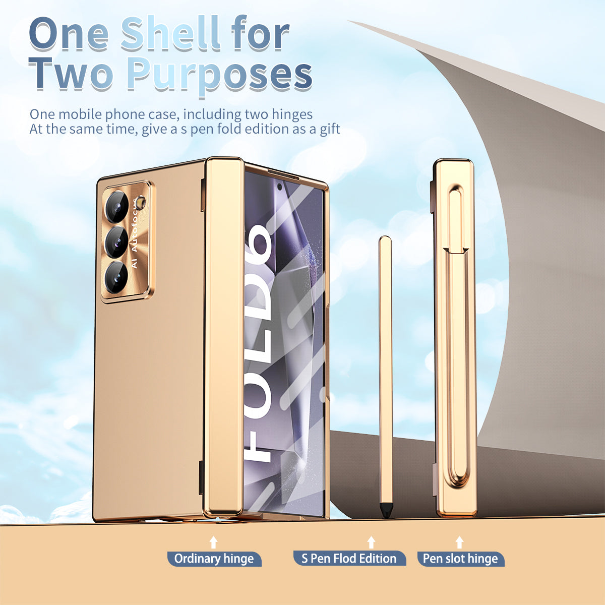 For Samsung Galaxy Z Fold6 5G Dual Hinge Phone Case Electroplating PC Phone Cover with Stylus Pen - Gold