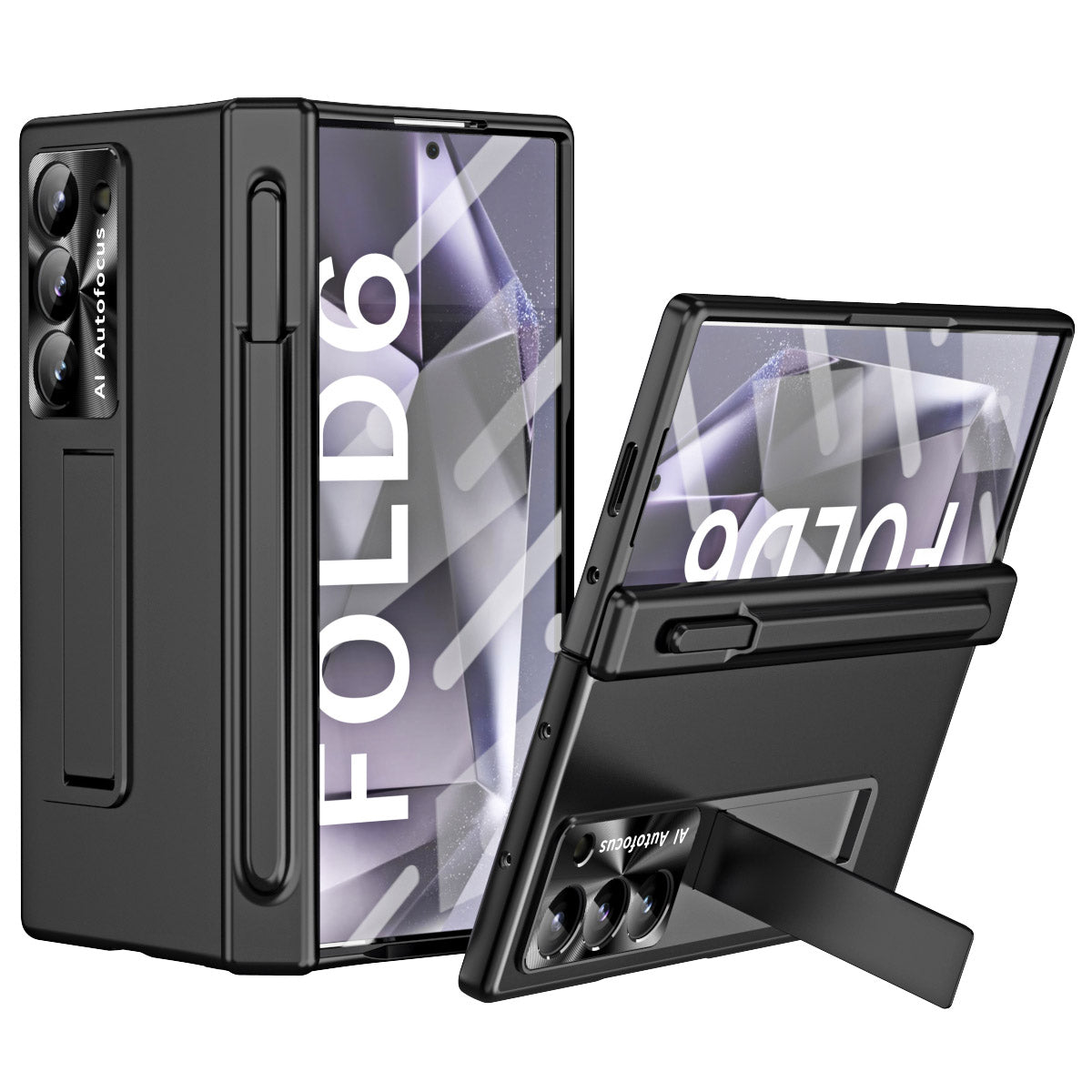 For Samsung Galaxy Z Fold6 5G Had PC Phone Case Kickstand Cover with Pen / Pen Slot - Black