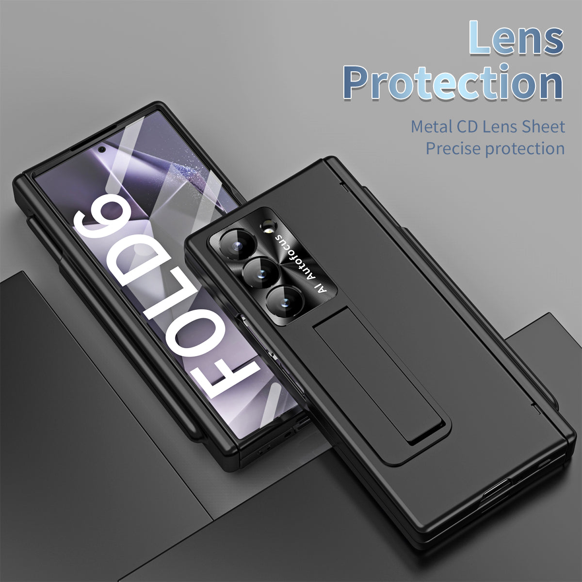 For Samsung Galaxy Z Fold6 5G Had PC Phone Case Kickstand Cover with Pen / Pen Slot - Black