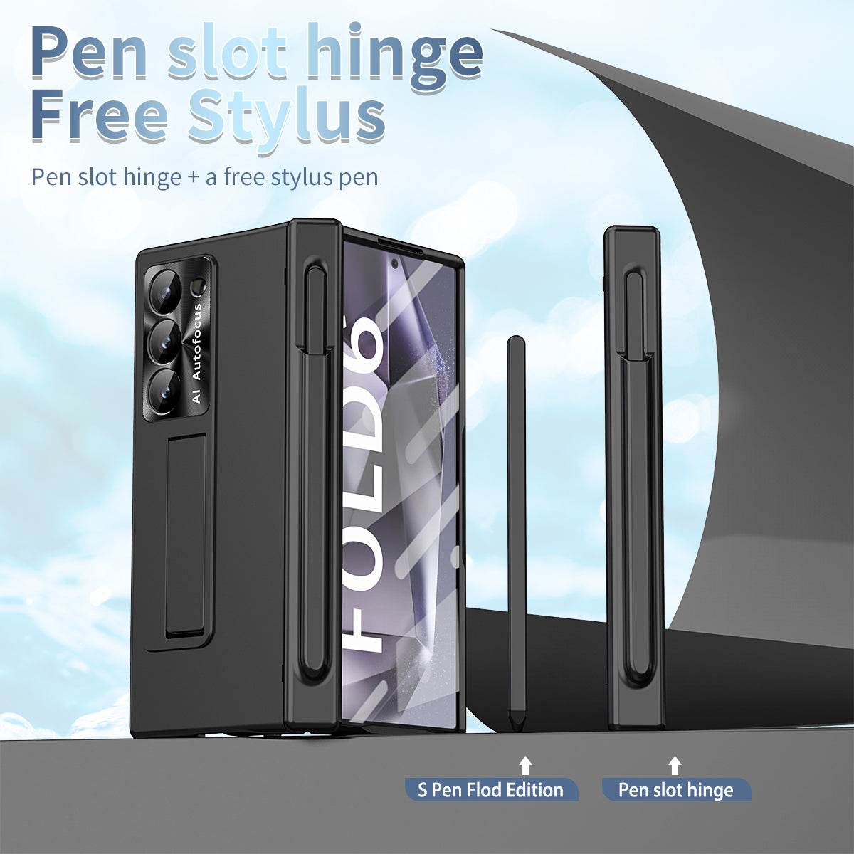 For Samsung Galaxy Z Fold6 5G Had PC Phone Case Kickstand Cover with Pen / Pen Slot - Black