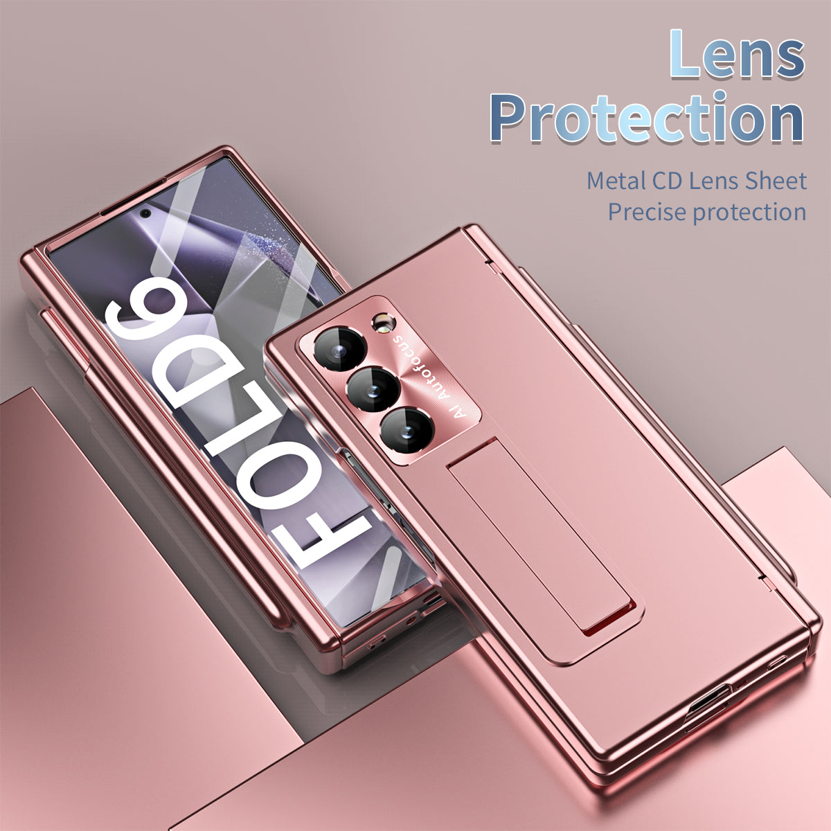 For Samsung Galaxy Z Fold6 5G Had PC Phone Case Kickstand Cover with Pen / Pen Slot - Rose Gold