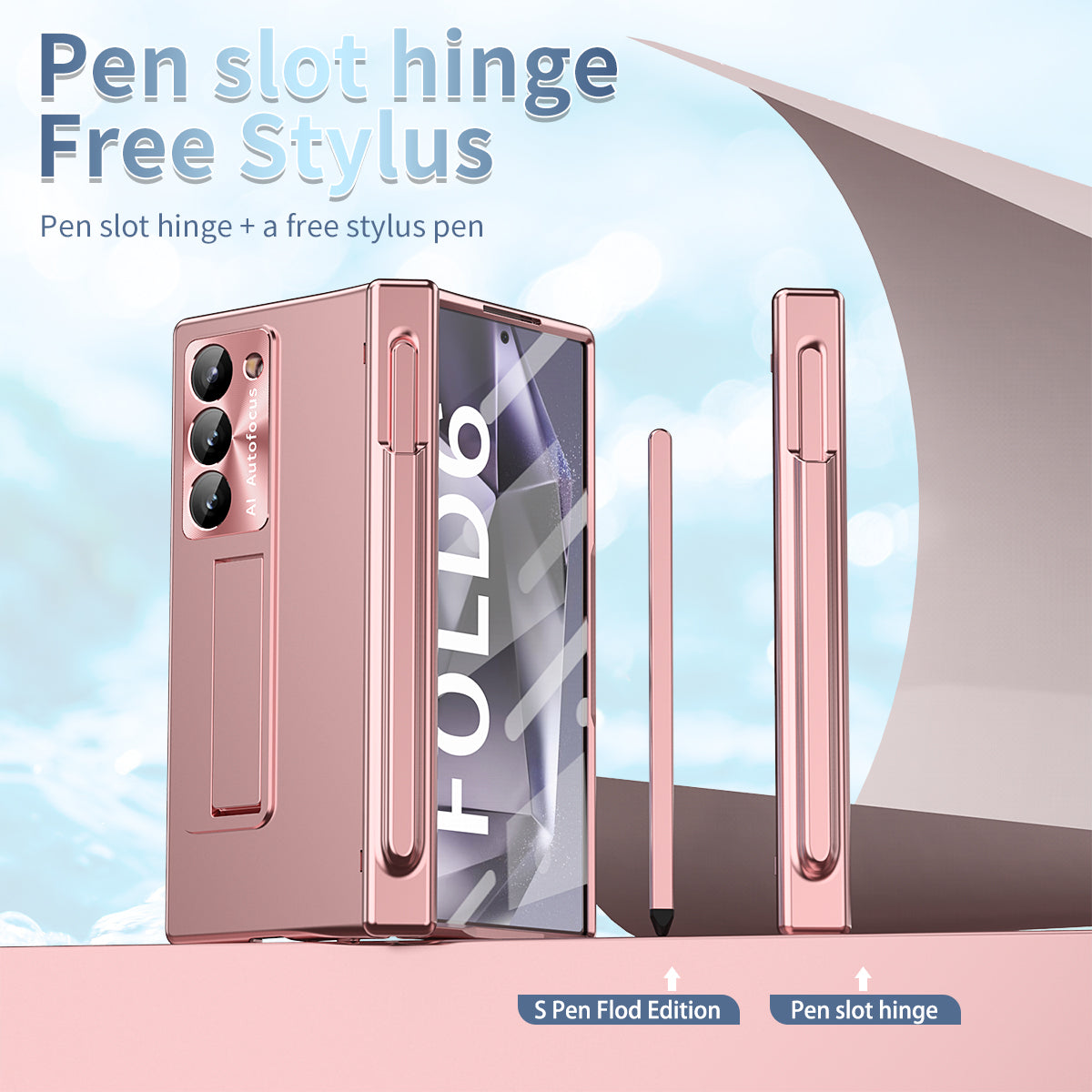 For Samsung Galaxy Z Fold6 5G Had PC Phone Case Kickstand Cover with Pen / Pen Slot - Rose Gold