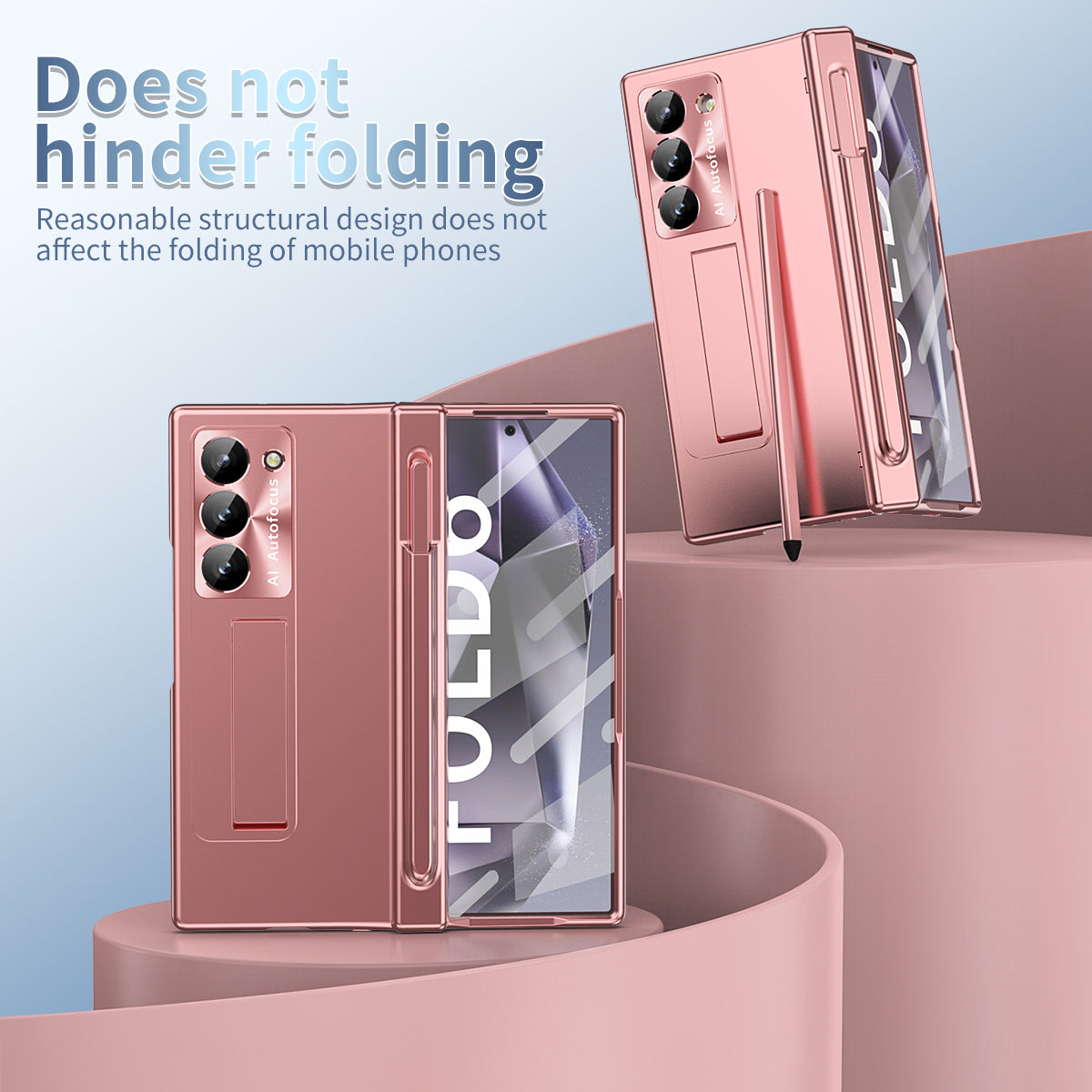 For Samsung Galaxy Z Fold6 5G Had PC Phone Case Kickstand Cover with Pen / Pen Slot - Rose Gold