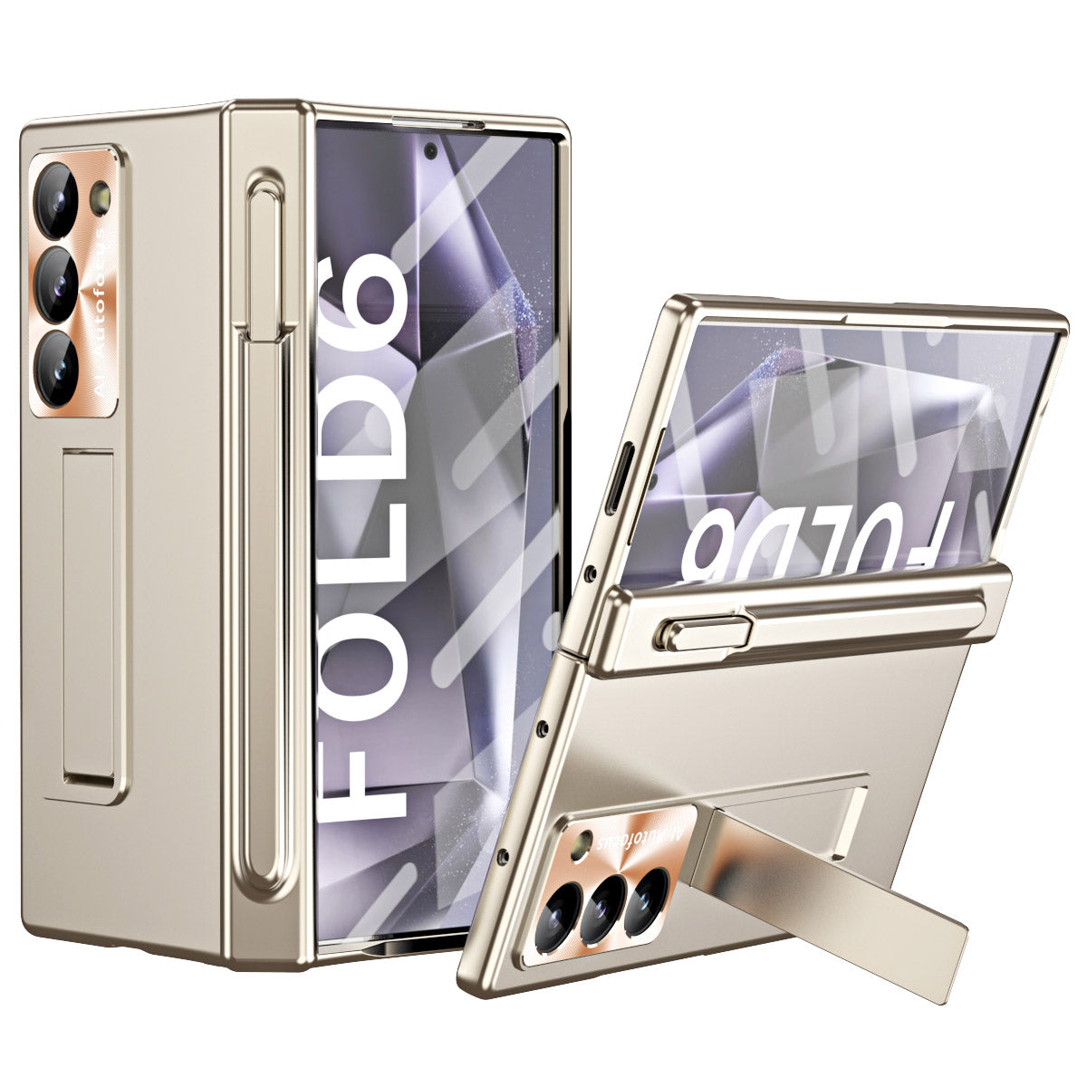 For Samsung Galaxy Z Fold6 5G Had PC Phone Case Kickstand Cover with Pen / Pen Slot - Gold