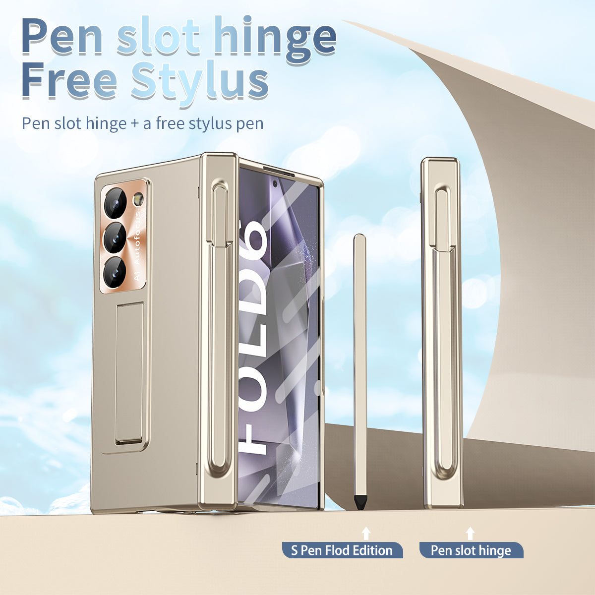 For Samsung Galaxy Z Fold6 5G Had PC Phone Case Kickstand Cover with Pen / Pen Slot - Gold