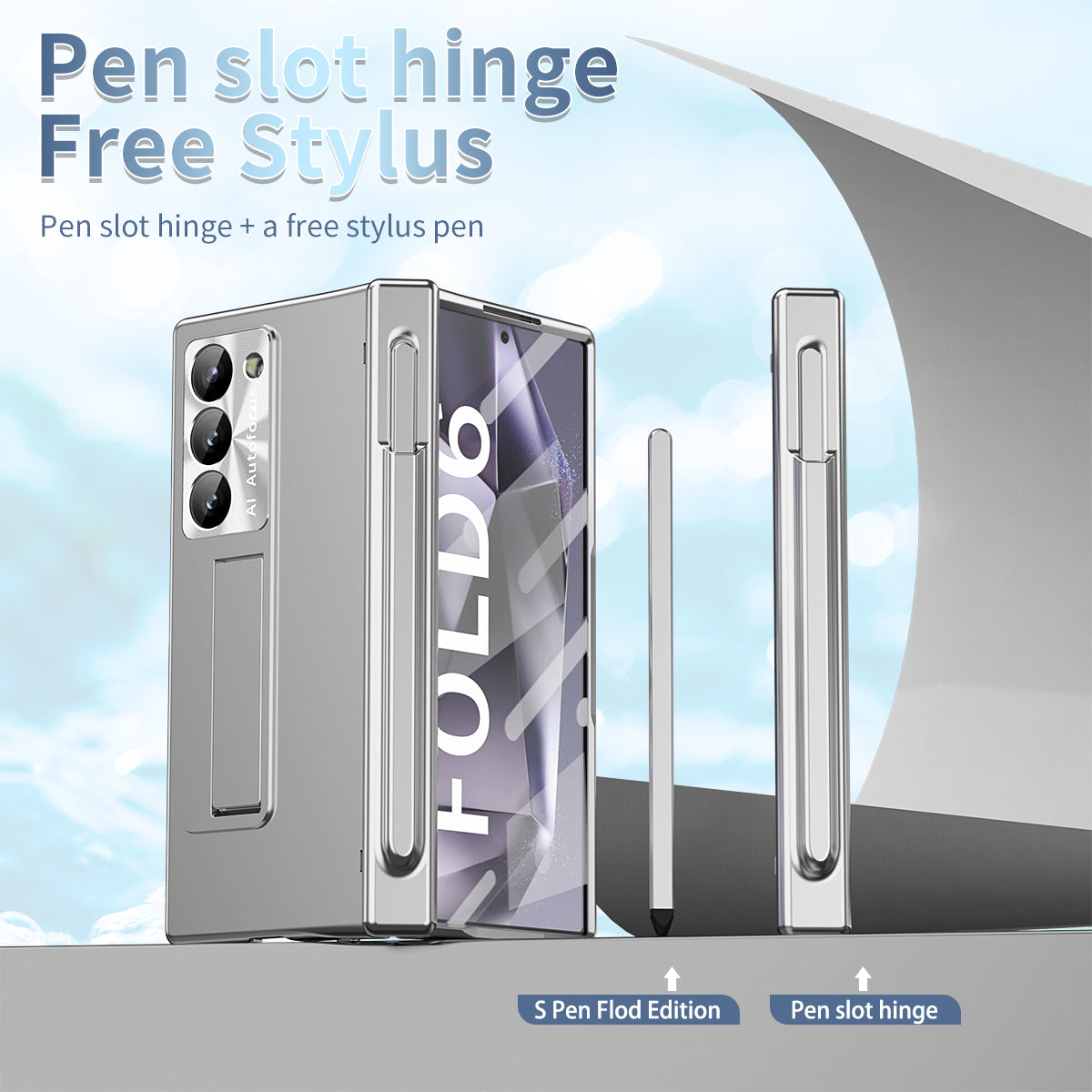For Samsung Galaxy Z Fold6 5G Had PC Phone Case Kickstand Cover with Pen / Pen Slot - Silver