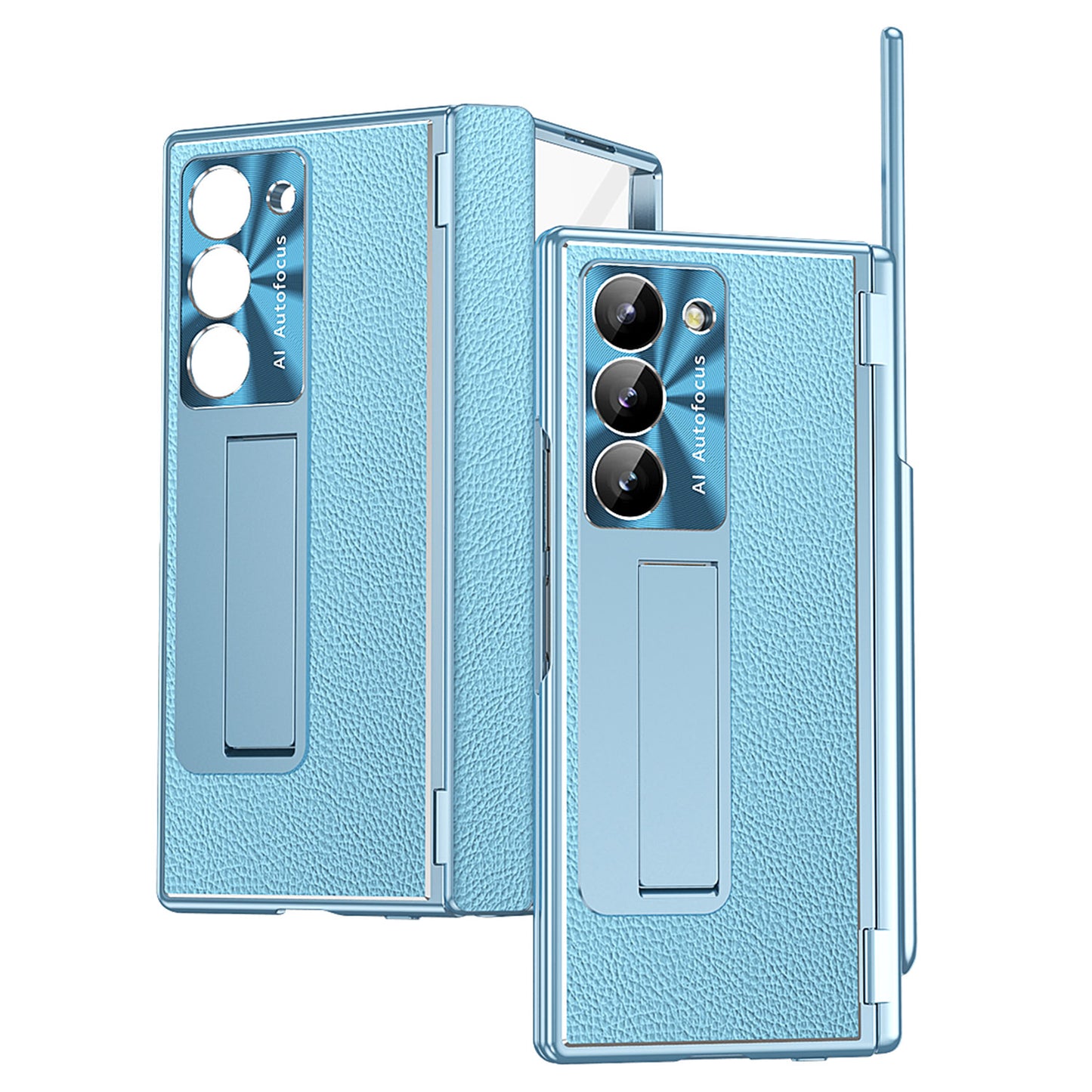 For Samsung Galaxy Z Fold6 5G PU Leather+Aluminum Alloy Kickstand Cover Folding Phone Case with Pen / Pen Slot - Baby Blue