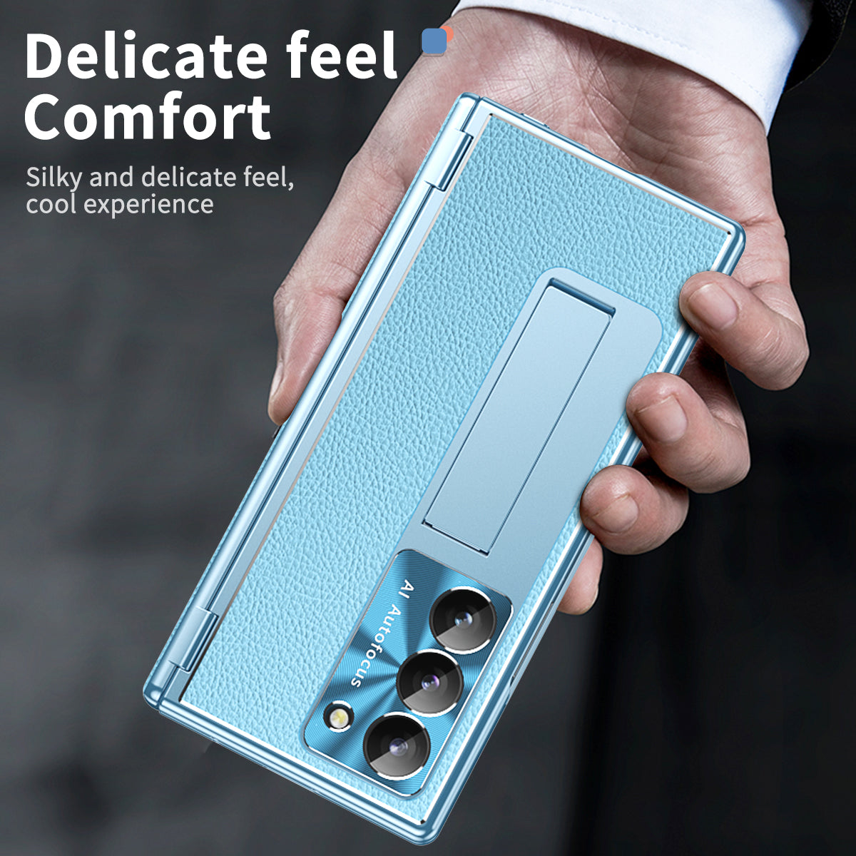 For Samsung Galaxy Z Fold6 5G PU Leather+Aluminum Alloy Kickstand Cover Folding Phone Case with Pen / Pen Slot - Baby Blue