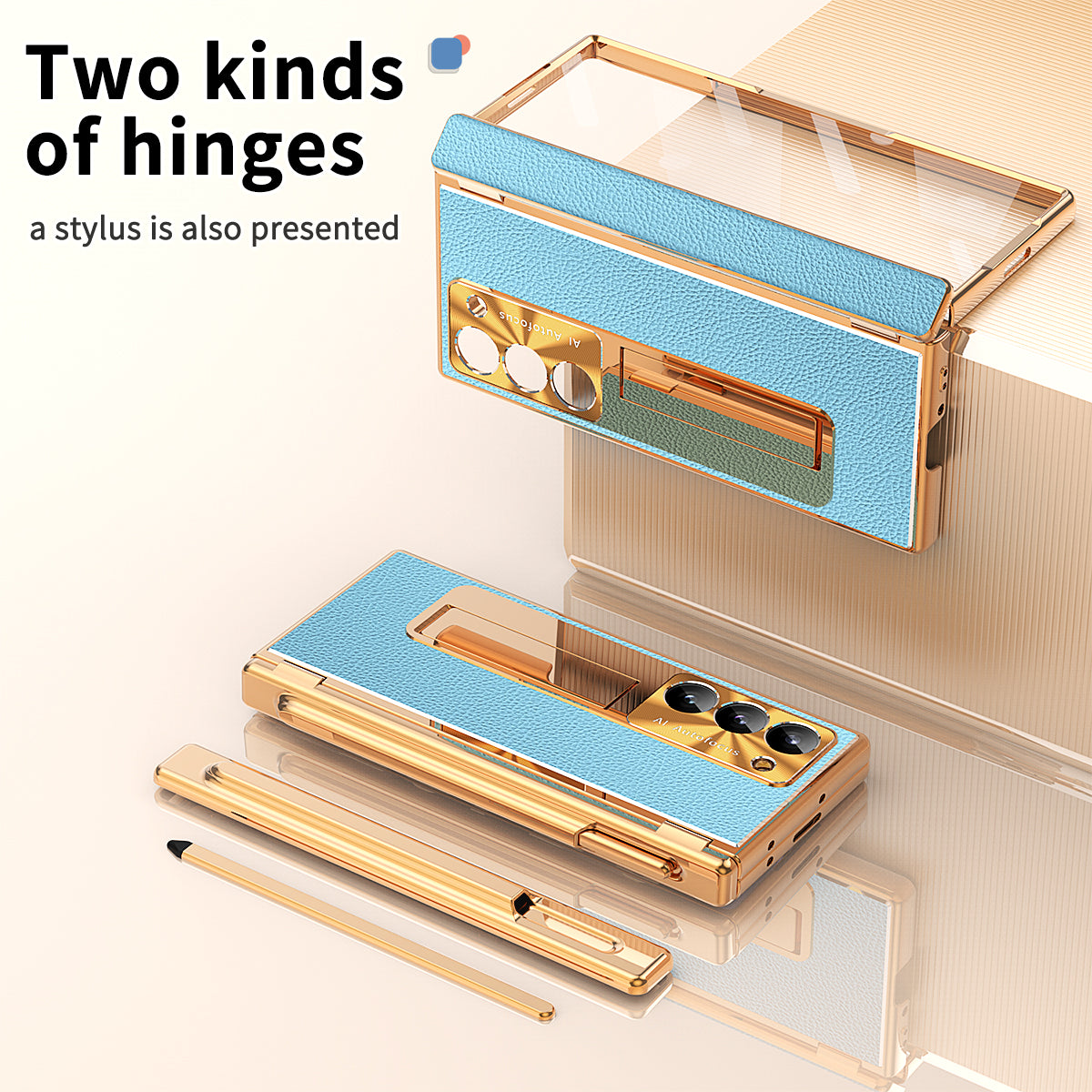 For Samsung Galaxy Z Fold6 5G PU Leather+Aluminum Alloy Kickstand Cover Folding Phone Case with Pen / Pen Slot - Gold+Blue