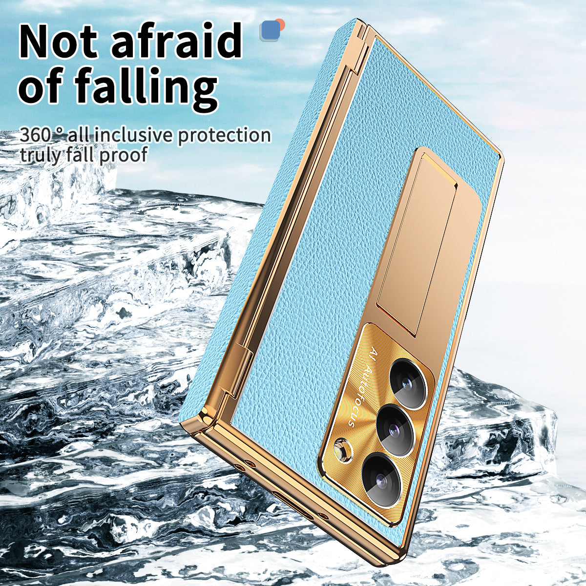 For Samsung Galaxy Z Fold6 5G PU Leather+Aluminum Alloy Kickstand Cover Folding Phone Case with Pen / Pen Slot - Gold+Blue
