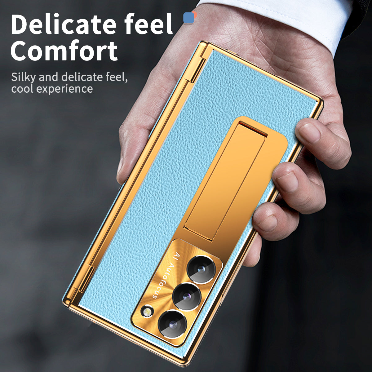 For Samsung Galaxy Z Fold6 5G PU Leather+Aluminum Alloy Kickstand Cover Folding Phone Case with Pen / Pen Slot - Gold+Blue