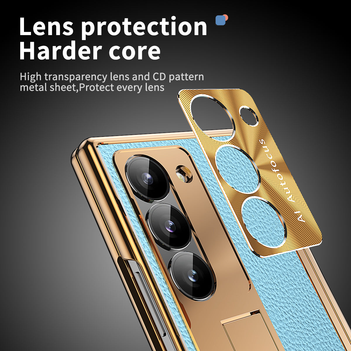 For Samsung Galaxy Z Fold6 5G PU Leather+Aluminum Alloy Kickstand Cover Folding Phone Case with Pen / Pen Slot - Gold+Blue