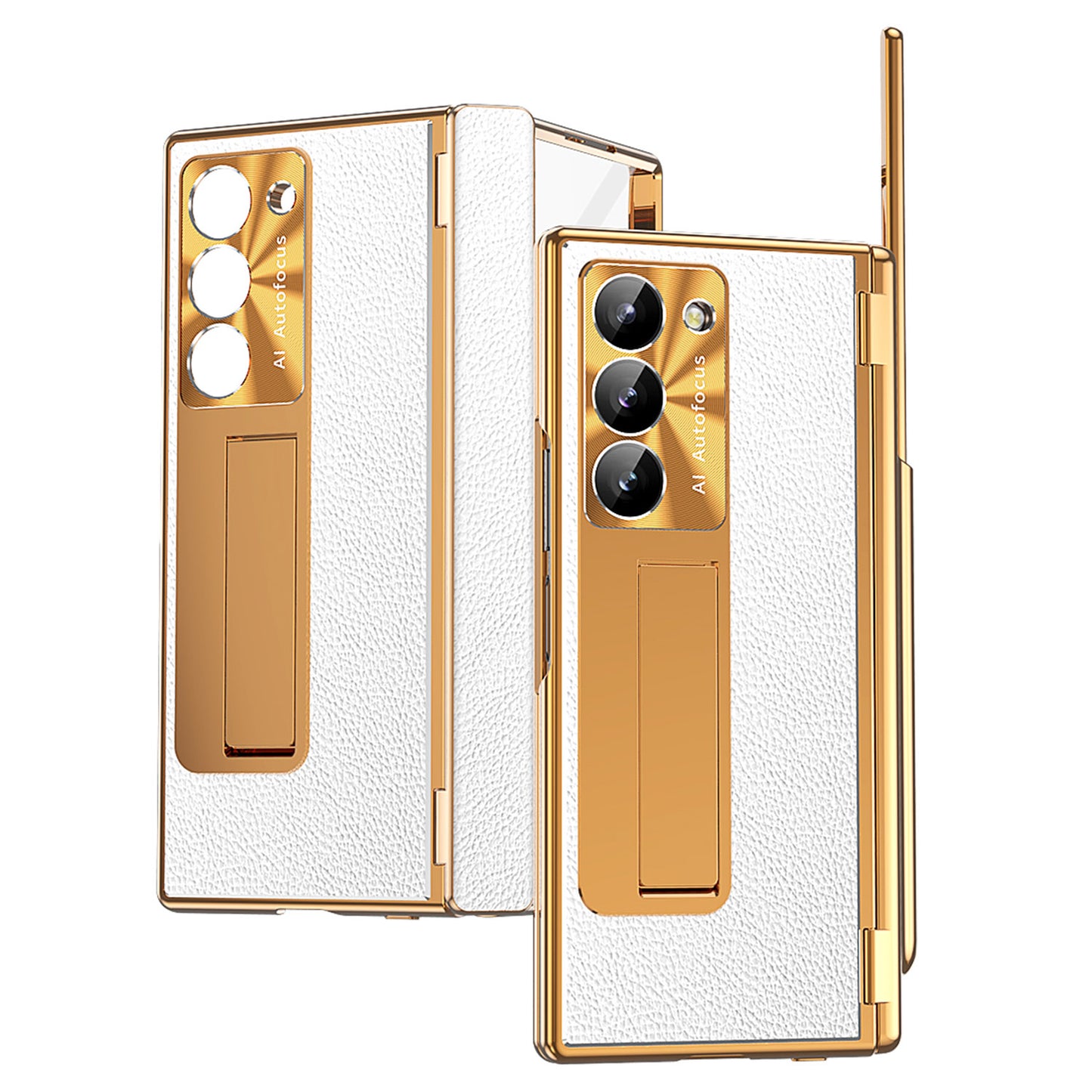 For Samsung Galaxy Z Fold6 5G PU Leather+Aluminum Alloy Kickstand Cover Folding Phone Case with Pen / Pen Slot - Gold+Silver