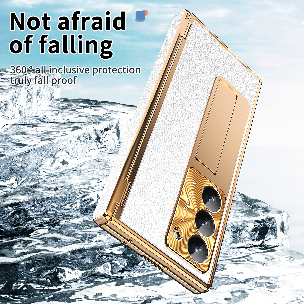 For Samsung Galaxy Z Fold6 5G PU Leather+Aluminum Alloy Kickstand Cover Folding Phone Case with Pen / Pen Slot - Gold+Silver