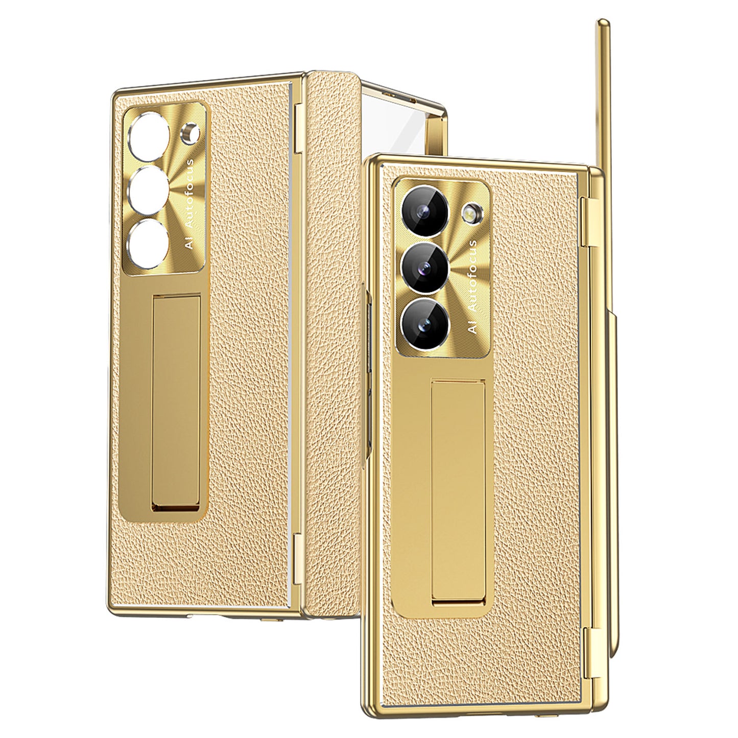 For Samsung Galaxy Z Fold6 5G PU Leather+Aluminum Alloy Kickstand Cover Folding Phone Case with Pen / Pen Slot - Gold+Gold