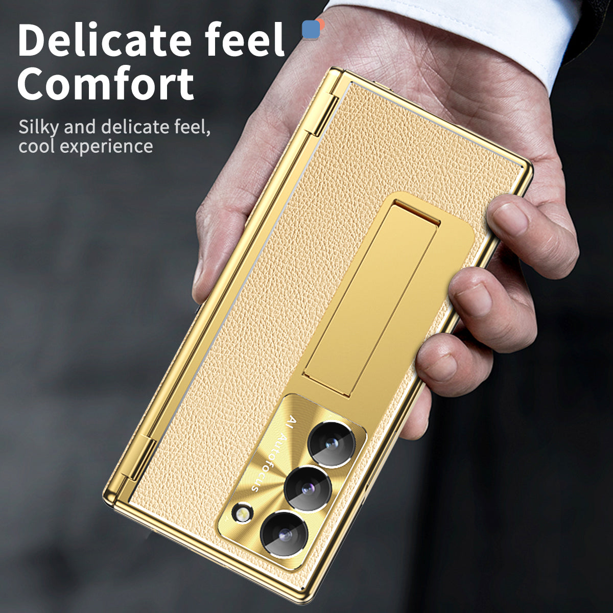 For Samsung Galaxy Z Fold6 5G PU Leather+Aluminum Alloy Kickstand Cover Folding Phone Case with Pen / Pen Slot - Gold+Gold