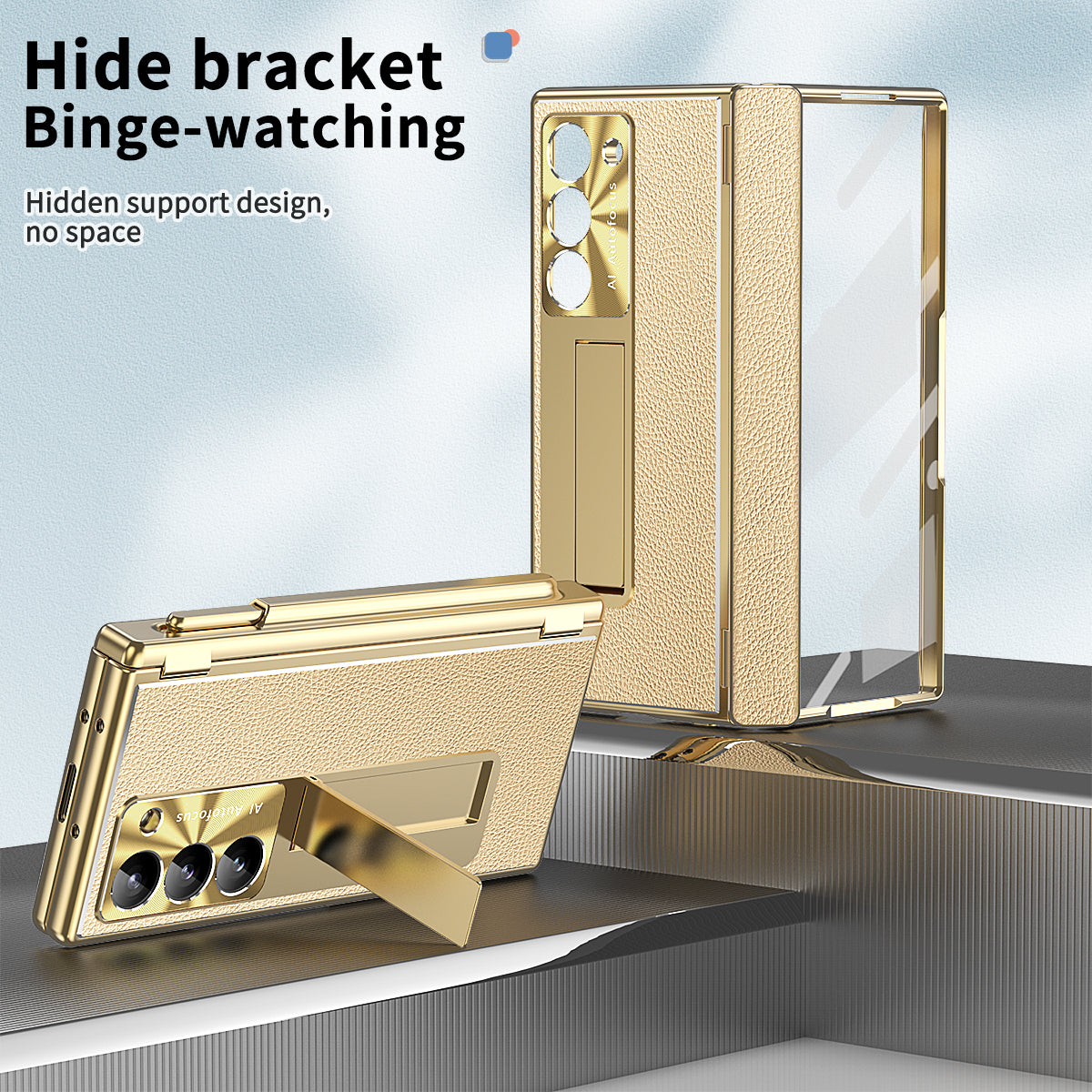 For Samsung Galaxy Z Fold6 5G PU Leather+Aluminum Alloy Kickstand Cover Folding Phone Case with Pen / Pen Slot - Gold+Gold